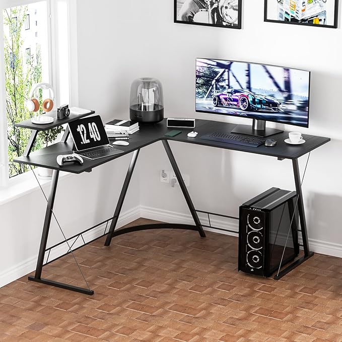 MoNiBloom L Shaped Gaming Desk Computer Corner Table with Metal Frame, L Desk Workstation for Home Office, Space-Saving, Black - LeafyLoom