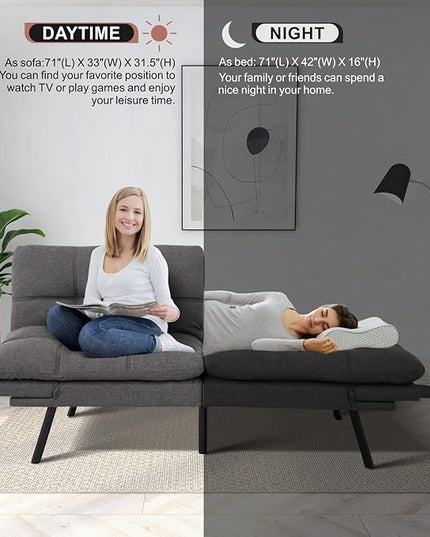 MUUEGM Futon Sofa Bed Convertible Memory Foam Sleeper Couch,Modern Loveseat for Living Room,Small Compact Space,Dorm,Office,Adjustable Armrests Backrest Sofabed, Linen Dark Grey - LeafyLoom