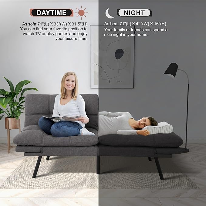 MUUEGM Futon Sofa Bed Convertible Memory Foam Sleeper Couch,Modern Loveseat for Living Room,Small Compact Space,Dorm,Office,Adjustable Armrests Backrest Sofabed, Linen Dark Grey - LeafyLoom