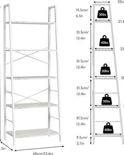 Yusong Ladder Shelf,Industrial 5-Tier Bookshelf,Free Standing Bookcase,Utility Organizer Shelves for Plant Flower,Wood Look Accent Furniture with Metal Frame for Home Office, (White) - LeafyLoom