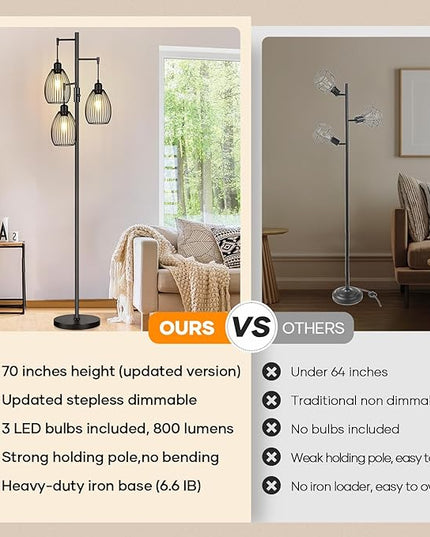 Dimmable Floor Lamp, 3 x 800LM LED Edison Bulbs Included, Farmhouse Industrial Floor Lamp Standing Tree Lamp with Elegant Teardrop Cage Tall Lamps for Living Room Bedroom Office Dining Room-Black - LeafyLoom