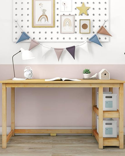 Max & Lily Solid Wood Desk With Shelves, 55 Inches, Natural - LeafyLoom