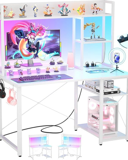Cyclysio Gaming Desk with Hutch, 39'' Computer Desk with LED Lights & Power Outlets, Home Office Desk with Reversible 5 Tiers Storage Shelves & Monitor Stand, Small Gaming Table for Small Space, White - LeafyLoom