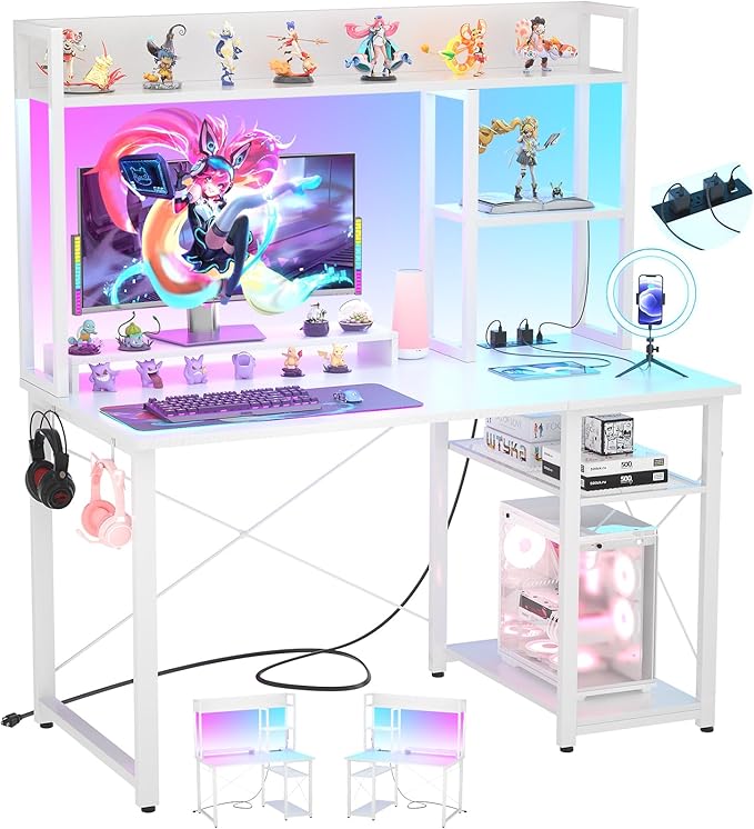 Cyclysio Gaming Desk with Hutch, 39'' Computer Desk with LED Lights & Power Outlets, Home Office Desk with Reversible 5 Tiers Storage Shelves & Monitor Stand, Small Gaming Table for Small Space, White - LeafyLoom