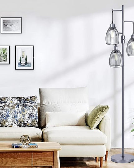 Nintiue Dimmable Floor Lamp, 3 x 800LM LED Edison Bulbs Included, Industrial Floor Lamp Standing Tree Lamp with Elegant Teardrop Cage Heads Tall Lamps for Living Room Bedroom-Grey - LeafyLoom