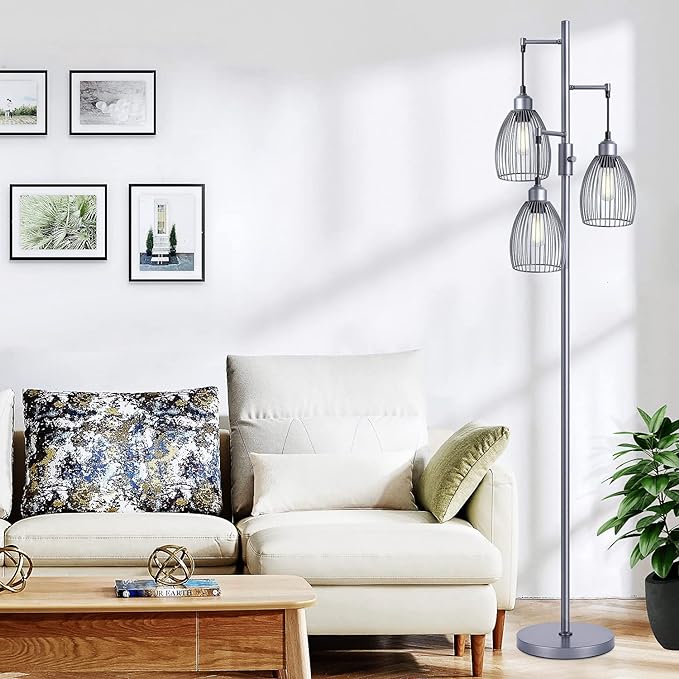 Nintiue Dimmable Floor Lamp, 3 x 800LM LED Edison Bulbs Included, Industrial Floor Lamp Standing Tree Lamp with Elegant Teardrop Cage Heads Tall Lamps for Living Room Bedroom-Grey - LeafyLoom