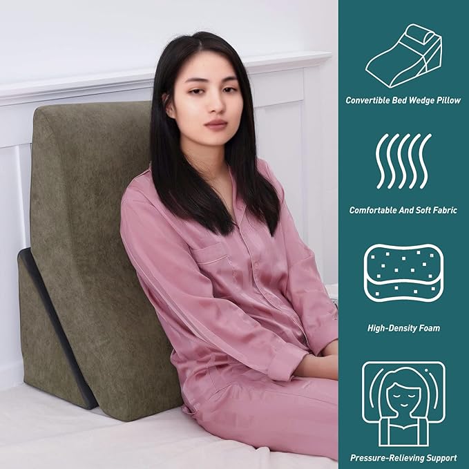 baibu 20 in Bed Wedge Pillow Set Foam | Adjustable Pillows for Back, Leg and Knee Pain Relief | Post Surgery Ortho Pillow – Anti Snoring, Heartburn, Acid Reflux & GRED (Brown) - LeafyLoom