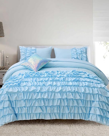 A Nice Night Waterfall Flutter Ruffle Comforter Set,Ruffled Textured Soft Chic Princess 6pcs Bedding Set,with Bling Shiny Sequin Throw Pillow Case,Blue,Full - LeafyLoom