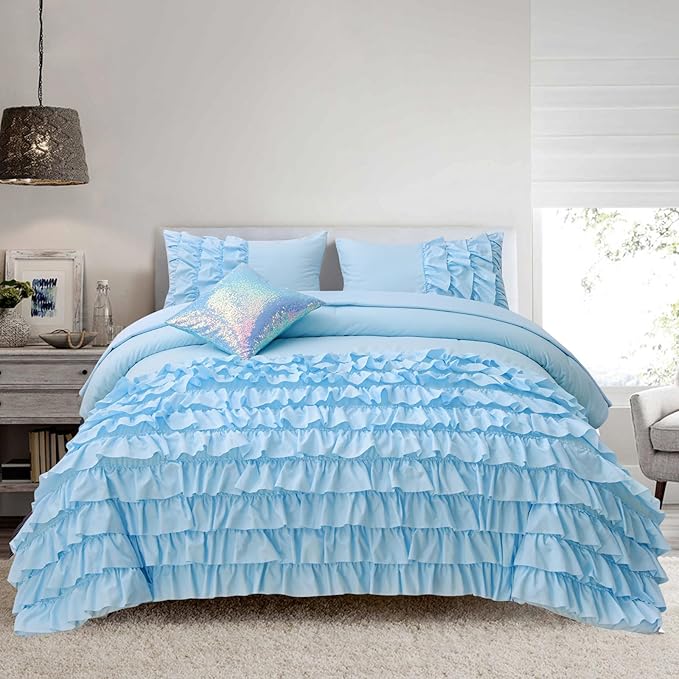 A Nice Night Waterfall Flutter Ruffle Comforter Set,Ruffled Textured Soft Chic Princess 6pcs Bedding Set,with Bling Shiny Sequin Throw Pillow Case,Blue,Full - LeafyLoom