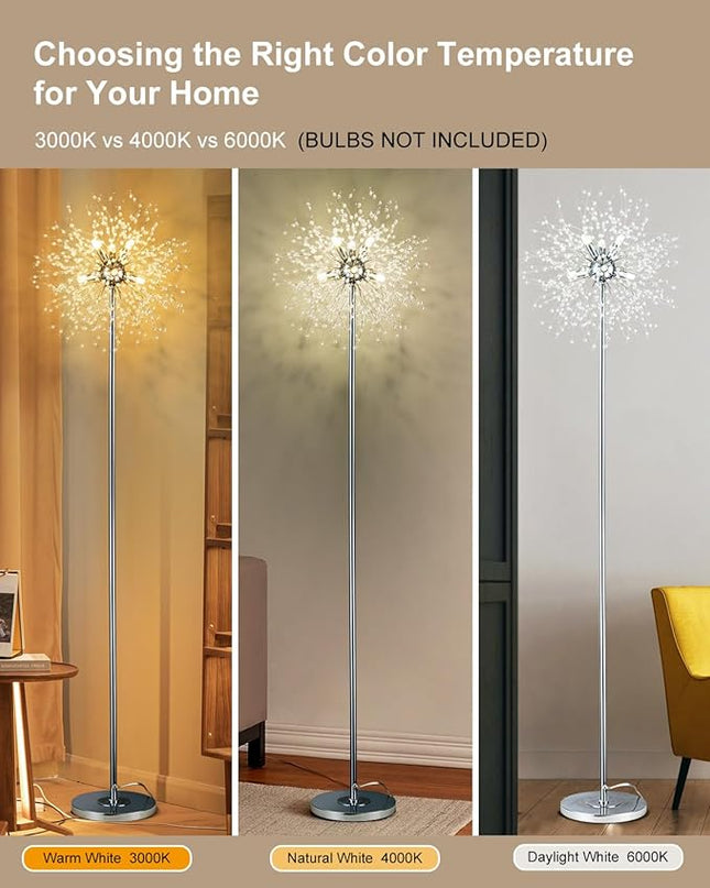 Modern Crystal Floor Lamp (6-Light, 70-Inch, Chrome), Standing Lamp with Footswitch, LED Floor Lamp for Living Room, Girls Room, Bedroom, Dresser, Office (Bulbs NOT Included) - LeafyLoom