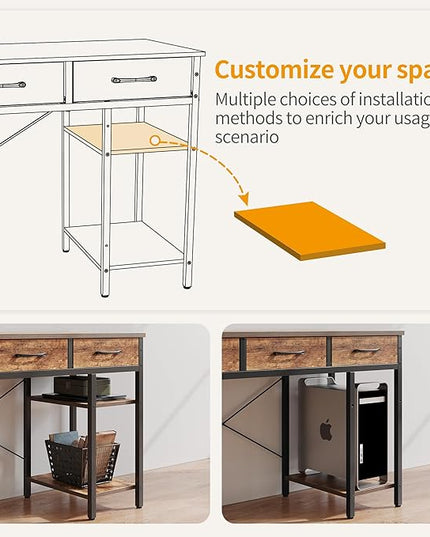 CubiCubi 47 Inch Computer Desk with 3 Drawers and Storage Shelves, Small Home Office Desk, Study Writing Table, Simple Desk for Bedroom, Rustic Brown - LeafyLoom