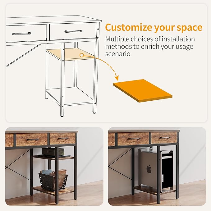 CubiCubi 47 Inch Computer Desk with 3 Drawers and Storage Shelves, Small Home Office Desk, Study Writing Table, Simple Desk for Bedroom, Rustic Brown - LeafyLoom
