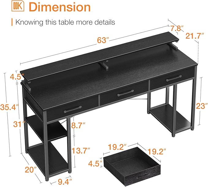 ODK Computer Desk with Drawers and Storage Shelves, 63 inch Home Office desk with Monitor Stand, Modern Work Study writing table Desk for Small Spaces, Black - LeafyLoom