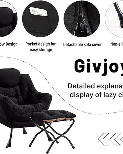 Cozy Lazy Chair and Ottoman, Large Contemporary Accent Lounge Chair Set, Leisure Upholstered Reading Armchair for Bedroom, Living Room, Dorm Rooms, Office - LeafyLoom