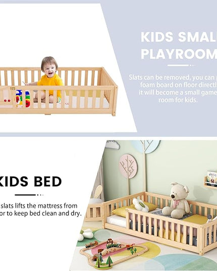 Multifunctional Twin Size Floor Bed with Safety Guardrails and Door, Removable Wood Slats, Montessori Beds Frame for Toddlers, Easy Assembly, for Boys and Girls Room, Natural - LeafyLoom