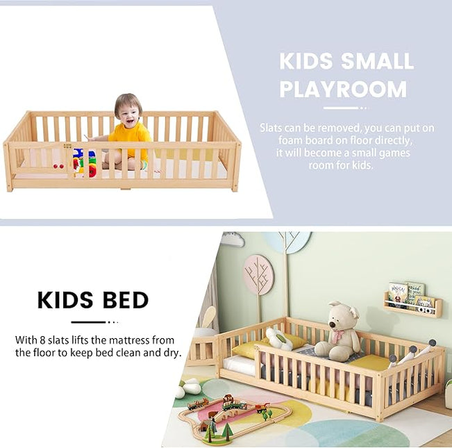 Multifunctional Twin Size Floor Bed with Safety Guardrails and Door, Removable Wood Slats, Montessori Beds Frame for Toddlers, Easy Assembly, for Boys and Girls Room, Natural - LeafyLoom