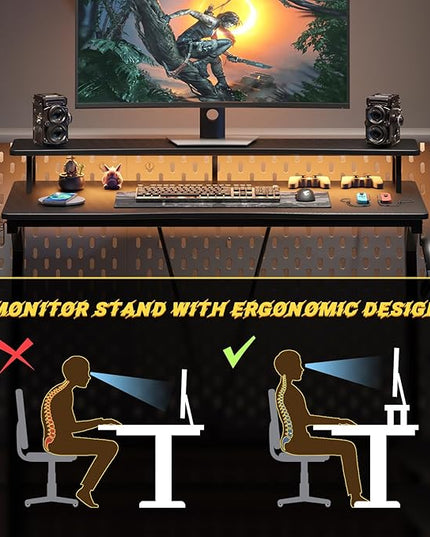 Gaming Desk with Power Outlets & Music Strip Lights,Computer Desk with Large Monitor Stand, PC Laptop Table for Small Spaces, Gamer Workstation with Cup Holder, Headphone Hook for Home Office - LeafyLoom