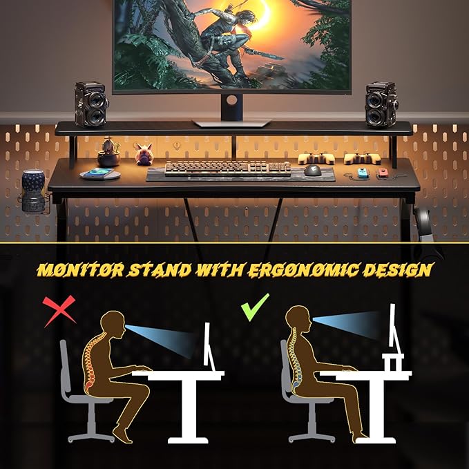 Gaming Desk with Power Outlets & Music Strip Lights,Computer Desk with Large Monitor Stand, PC Laptop Table for Small Spaces, Gamer Workstation with Cup Holder, Headphone Hook for Home Office - LeafyLoom