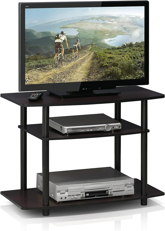 Furinno Turn-N-Tube No Tools 3-Tier Entertainment Center TV Stand for TV up to 32 Inch, Plastic Round Tubes, Dark Walnut - LeafyLoom