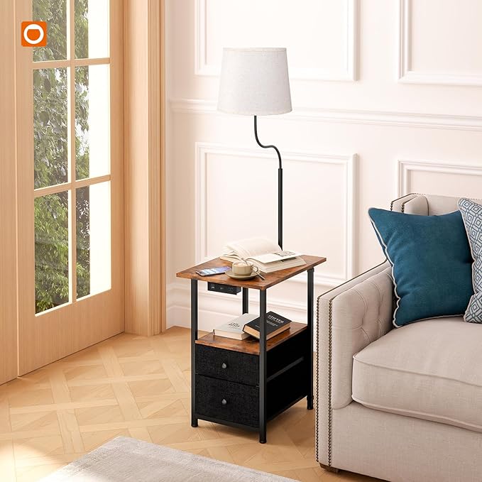 addlon Floor Lamp with Side Table, Nightstand with Charging Station, 3 Color Temperatures 9W LED Bulb, Floor Lamps for Living Room, Bedroom, Storage End Tables Living Room - Vintage - LeafyLoom