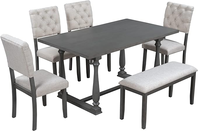 6-Piece Dining, Vintage-Inspired Solid Kitchen Set-Rectangular Wood Table, 4 Chairs, 1 Bench with Distinctive Legs & Comfortable Foam-Covered Seats, Gray - LeafyLoom