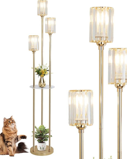 HMVPL Gold Floor Lamps for Living Room, Modern Floor Lamp with Shelves, Crystal Standing Lamps with Table, Brass Floor Lamp with Crystal Shade, On/Off Switch, Mid Century Corner Floor Lamp for Bedroom - LeafyLoom