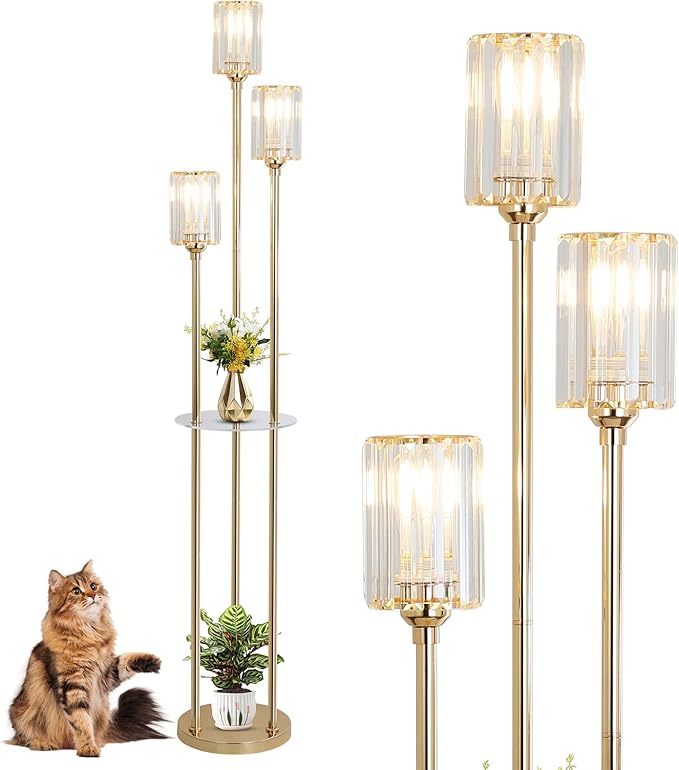 HMVPL Gold Floor Lamps for Living Room, Modern Floor Lamp with Shelves, Crystal Standing Lamps with Table, Brass Floor Lamp with Crystal Shade, On/Off Switch, Mid Century Corner Floor Lamp for Bedroom - LeafyLoom