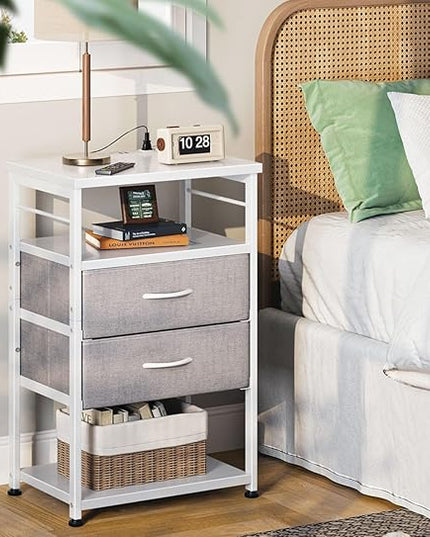 AODK Night Stand with Charging Station, End Table for Bedroom Tall Nightstand with Drawers, Small Nightstand for Bedroom, 4-Tier Storage Bedside Table, White and Light Grey - LeafyLoom