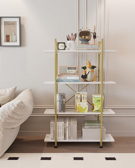 Bookshelf 4 Tiers White and Gold Wooden Storage Shelf,Modern Open Display Storage Bookcase Book Organizer,Metal Bookshelf Standing Storage Shelf Tall Shelving Units for Home Office Study - LeafyLoom