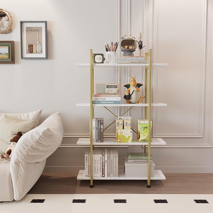 Bookshelf 4 Tiers White and Gold Wooden Storage Shelf,Modern Open Display Storage Bookcase Book Organizer,Metal Bookshelf Standing Storage Shelf Tall Shelving Units for Home Office Study - LeafyLoom