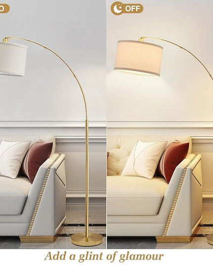 Arc Floor Lamps for Living Room, Gold Modern Floor Lamp, Tall Pole Lamp with Foot Switch, Adjustable Hanging Drum Shade, Over Couch Arched Reading Light for Bedroom, Office, LED Bulb Not Include - LeafyLoom