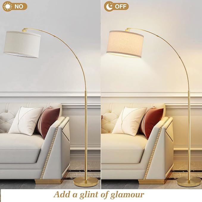 Arc Floor Lamps for Living Room, Gold Modern Floor Lamp, Tall Pole Lamp with Foot Switch, Adjustable Hanging Drum Shade, Over Couch Arched Reading Light for Bedroom, Office, LED Bulb Not Include - LeafyLoom