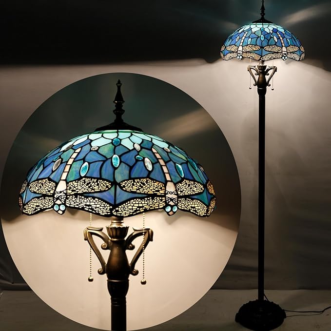Tiffany Floor Lamp Stained Glass Standing Reading Lamp 16X16X66 Inches Antique Pole Corner Light for Bedroom Living Room Home Office (Blue Dragonfly) - LeafyLoom