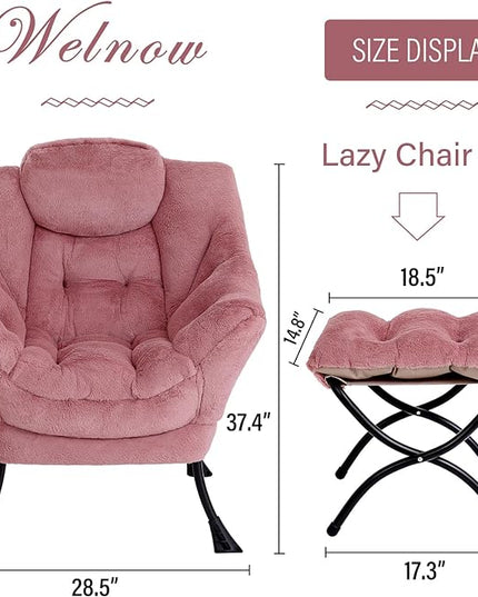 Welnow Lazy Chair with Ottoman, Modern Lounge Accent Chair with Armrests and a Side Pocket, Leisure Sofa Chair Set, Reading Chair with Footrest for Small Space, Corner Chair, Plush Dark Pink - LeafyLoom