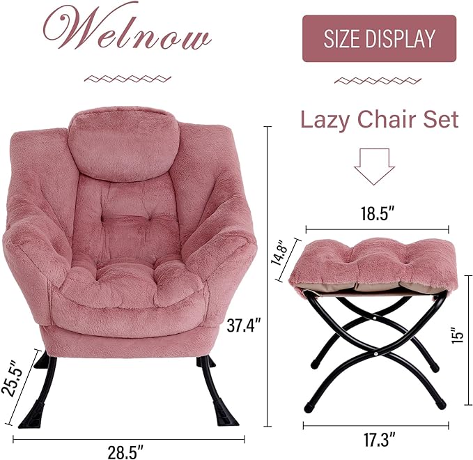 Welnow Lazy Chair with Ottoman, Modern Lounge Accent Chair with Armrests and a Side Pocket, Leisure Sofa Chair Set, Reading Chair with Footrest for Small Space, Corner Chair, Plush Dark Pink - LeafyLoom