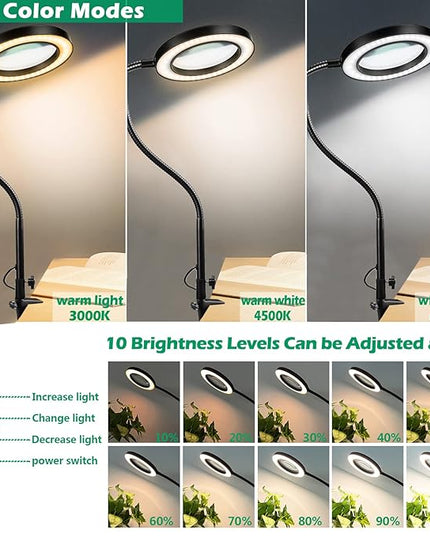 HITTI 12X Large Lens Magnifying Glass with Light and Clamp, 3 Color Modes Stepless Dimmable Lighted Magnifying Lamp, Flexible Gooseneck LED Magnifier with Light for Craft Hobby Painting Close Work - LeafyLoom