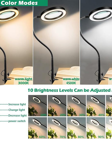HITTI 12X Large Lens Magnifying Glass with Light, 3 Color Modes Stepless Dimmable Lighted Magnifying Lamp and Clamp, Flexible Gooseneck LED Magnifier Light Stand for Craft Hobby Painting Repairs - LeafyLoom