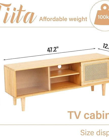 Tiita Rattan TV Stand for 55 Inch TV, Bamboo TV Cabinet with Adjustable Shelf and Storage, Boho Entertainment Center, Mid Century Modern Media Console for Bedroom, Living Room, Study (Natural) - LeafyLoom
