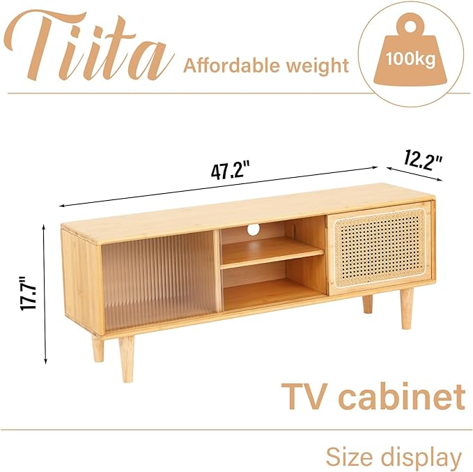 Tiita Rattan TV Stand for 55 Inch TV, Bamboo TV Cabinet with Adjustable Shelf and Storage, Boho Entertainment Center, Mid Century Modern Media Console for Bedroom, Living Room, Study (Natural) - LeafyLoom
