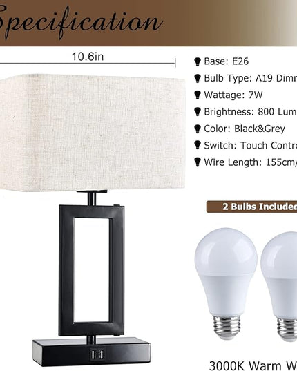 Lamps for Bedroom Set of 2 Touch Control Table Lamps with Dual USB Ports,Bedside Lamp3-Way Dimmable Lamps for Nightstand, Modern Desk Lamps for Living Room Office, LED Bulbs Included, Black&Cream - LeafyLoom