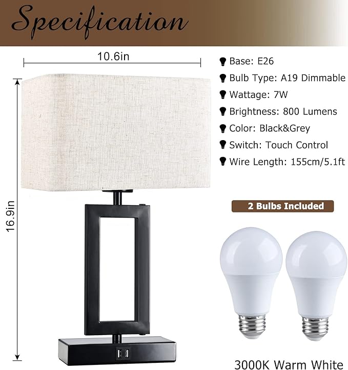Lamps for Bedroom Set of 2 Touch Control Table Lamps with Dual USB Ports,Bedside Lamp3-Way Dimmable Lamps for Nightstand, Modern Desk Lamps for Living Room Office, LED Bulbs Included, Black&Cream - LeafyLoom
