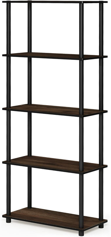 Furinno Turn-N-Tube 5-Tier Multipurpose Shelf / Display Rack / Storage Shelf / Bookshelf, Round Tubes, Columbia Walnut/Black - LeafyLoom