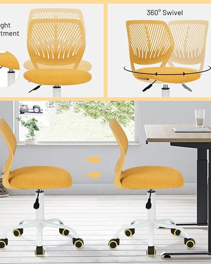 FurnitureR Kids Desk Chair, Small Adjustable Swivel Computer Task Chair with Plastic Backrest and Padded Seat Cushion, Fabric Armless Cute Rolling Child Office Chairs Study Chair, Yellow - LeafyLoom
