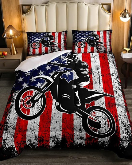Dirt Bike Comforter Set King Motocross Comforter Retro American Flag Bedding Set for Kids Boys Teens Men Grunge Room Decor,Extreme Sports Tie Dye Bed Set Motor Biker Motorcycle Quilt Duvet Set 3 Pcs - LeafyLoom