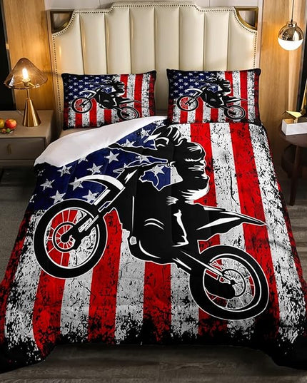 Dirt Bike Comforter Set Twin Motocross Comforter Retro American Flag Bedding Set for Kids Boys Teens Men Grunge Room Decor,Extreme Sports Tie Dye Bed Set Motor Biker Motorcycle Quilt Duvet Set 2 Pcs - LeafyLoom