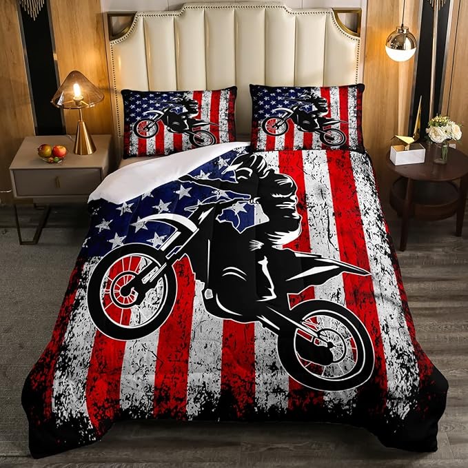 Dirt Bike Comforter Set Twin Motocross Comforter Retro American Flag Bedding Set for Kids Boys Teens Men Grunge Room Decor,Extreme Sports Tie Dye Bed Set Motor Biker Motorcycle Quilt Duvet Set 2 Pcs - LeafyLoom