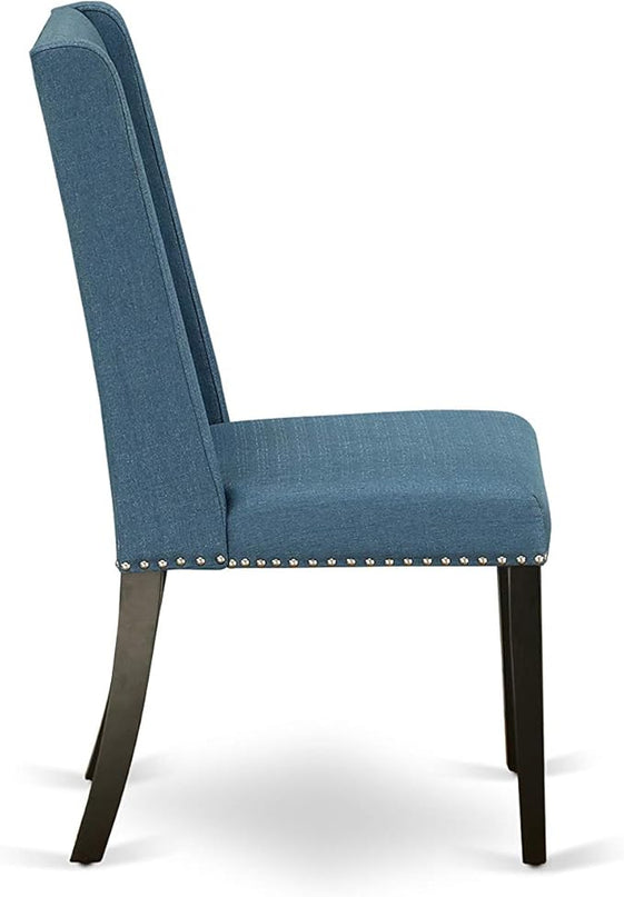 East West Furniture NOFL3-BLK-21 3 Piece Modern Dining Set Contains a Rectangle Wooden Table with Butterfly Leaf and 2 Blue Linen Fabric Upholstered Chairs, 32x54 Inch - LeafyLoom