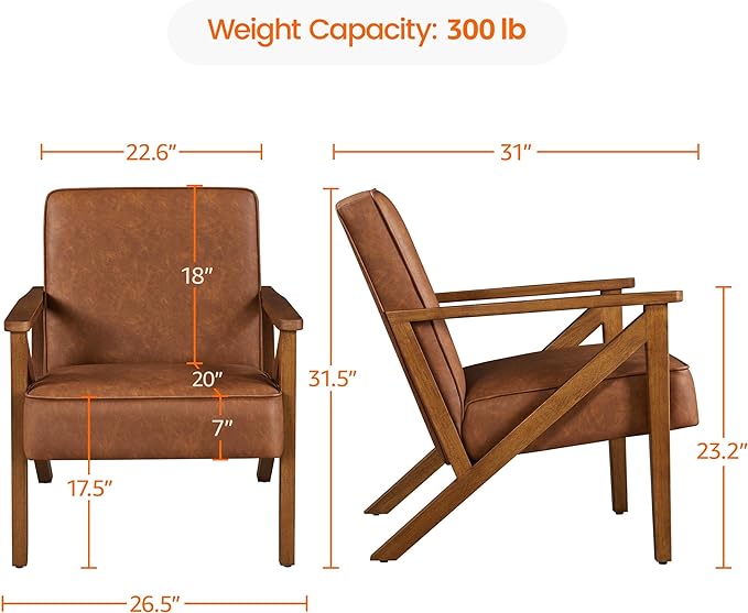 Yaheetech Accent Chair Faux Leather Armchair Lounge Chair with Wood Frame, Modern Retro Lounge Chair for Living Room/Office/Reception Area, Light Brown - LeafyLoom
