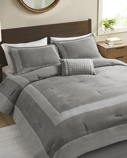 Madison Park Darcey Cozy Comforter Set, Faux Suede, Deluxe Hotel Styling All Season Down Alternative Bedding Matching Shams, Decorative Pillow, Full/Queen(90 in x 90 in), Border Grey 4 Piece - LeafyLoom