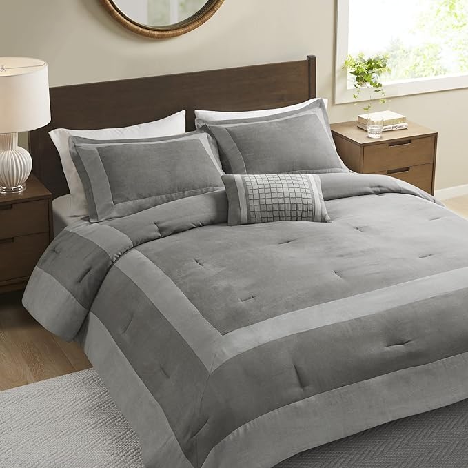 Madison Park Darcey Cozy Comforter Set, Faux Suede, Deluxe Hotel Styling All Season Down Alternative Bedding Matching Shams, Decorative Pillow, Full/Queen(90 in x 90 in), Border Grey 4 Piece - LeafyLoom